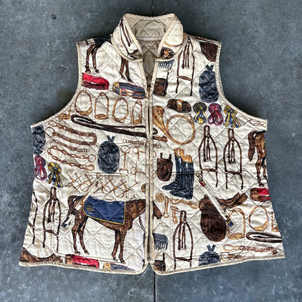 Vintage Lauren Ralph Lauren Reversible Quilted Vest Womens 2X Equestrian Silk